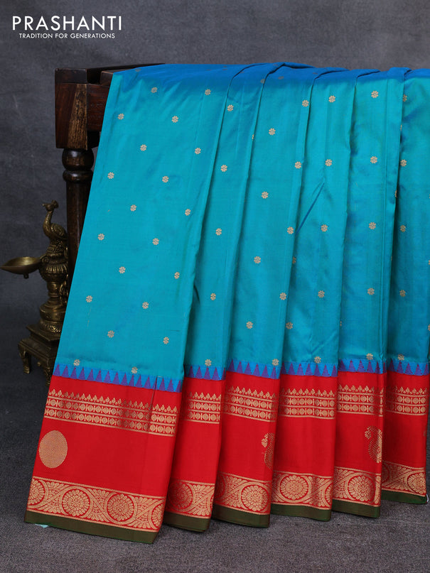 Narayanpet silk saree teal blue and red with allover zari woven buttas and temple design rettapet zari woven butta border