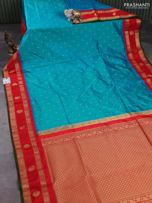 Narayanpet silk saree teal blue and red with allover zari woven buttas and temple design rettapet zari woven butta border