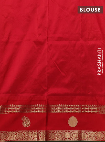 Narayanpet silk saree teal blue and red with allover zari woven buttas and temple design rettapet zari woven butta border