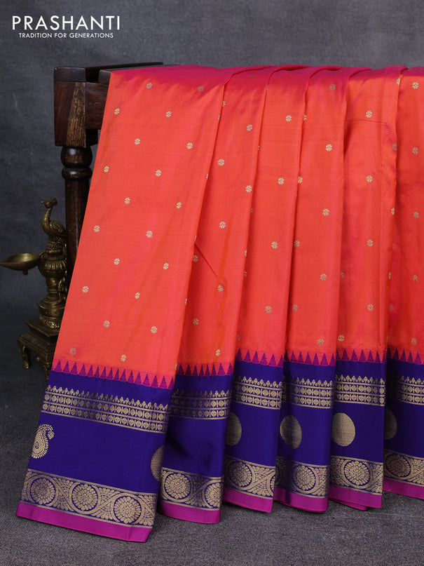 Narayanpet silk saree orange and navy blue with allover zari woven buttas and temple design rettapet zari woven butta border