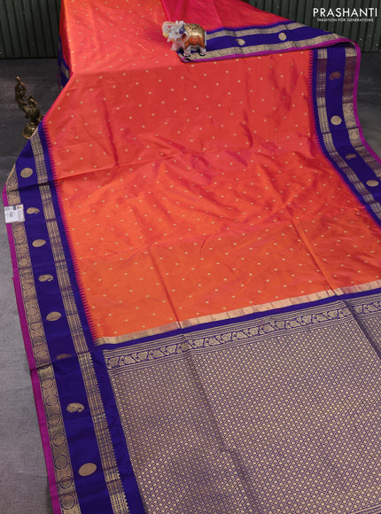Narayanpet silk saree orange and navy blue with allover zari woven buttas and temple design rettapet zari woven butta border