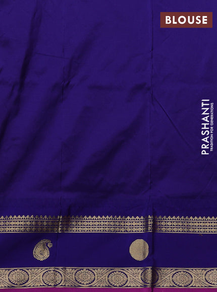 Narayanpet silk saree orange and navy blue with allover zari woven buttas and temple design rettapet zari woven butta border