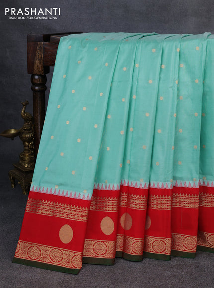 Narayanpet silk saree teal blue and red with allover zari woven buttas and temple design rettapet zari woven butta border