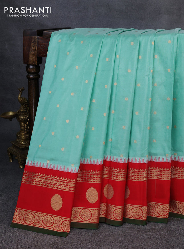 Narayanpet silk saree teal blue and red with allover zari woven buttas and temple design rettapet zari woven butta border