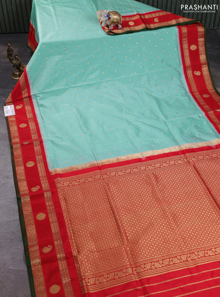 Narayanpet silk saree teal blue and red with allover zari woven buttas and temple design rettapet zari woven butta border