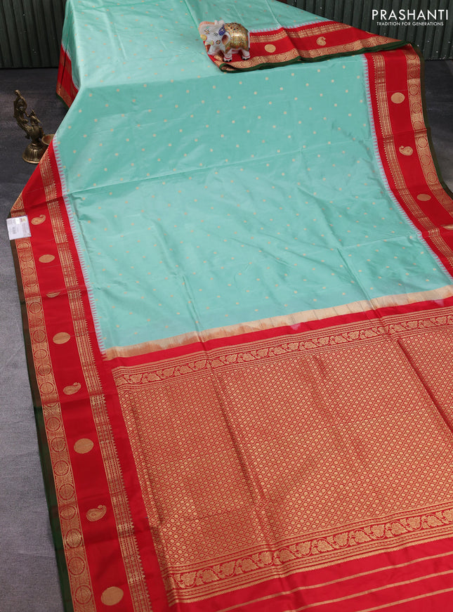 Narayanpet silk saree teal blue and red with allover zari woven buttas and temple design rettapet zari woven butta border
