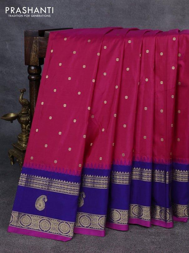 Narayanpet silk saree tomato pink and dark blue with allover zari woven buttas and temple design rettapet zari woven butta border