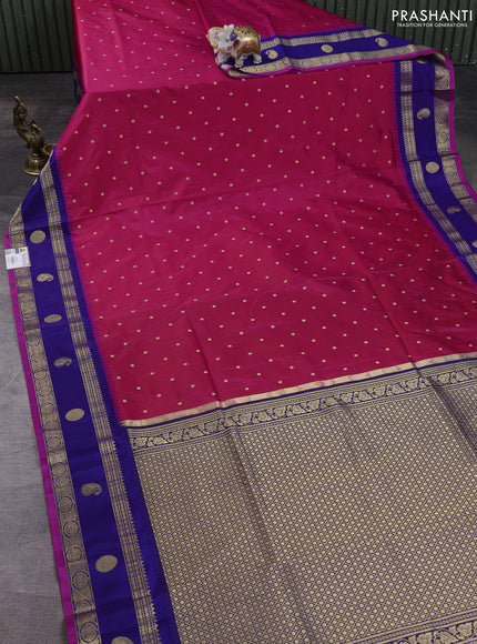 Narayanpet silk saree tomato pink and dark blue with allover zari woven buttas and temple design rettapet zari woven butta border