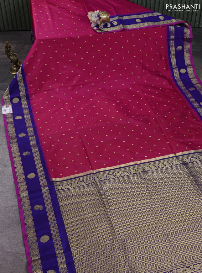 Narayanpet silk saree tomato pink and dark blue with allover zari woven buttas and temple design rettapet zari woven butta border