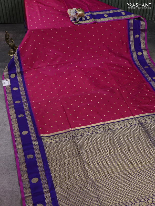 Narayanpet silk saree tomato pink and dark blue with allover zari woven buttas and temple design rettapet zari woven butta border
