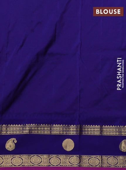 Narayanpet silk saree tomato pink and dark blue with allover zari woven buttas and temple design rettapet zari woven butta border
