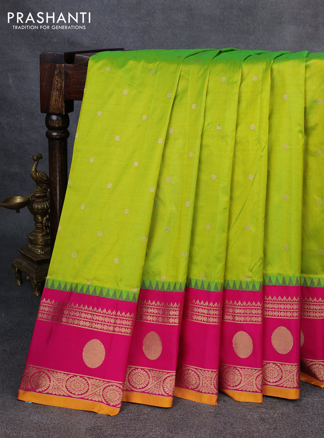 Narayanpet silk saree fluorescent green and pink with allover zari woven buttas and temple design rettapet zari woven butta border