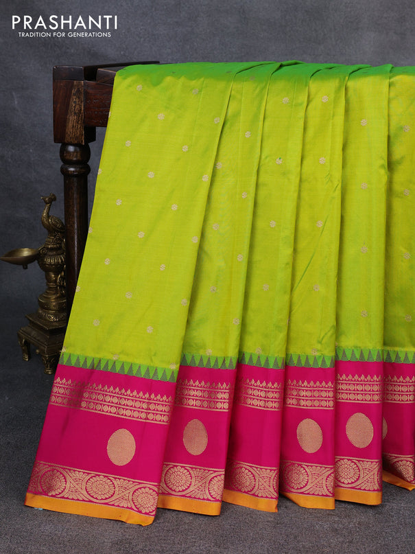 Narayanpet silk saree fluorescent green and pink with allover zari woven buttas and temple design rettapet zari woven butta border