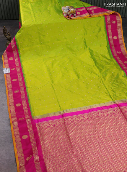Narayanpet silk saree fluorescent green and pink with allover zari woven buttas and temple design rettapet zari woven butta border