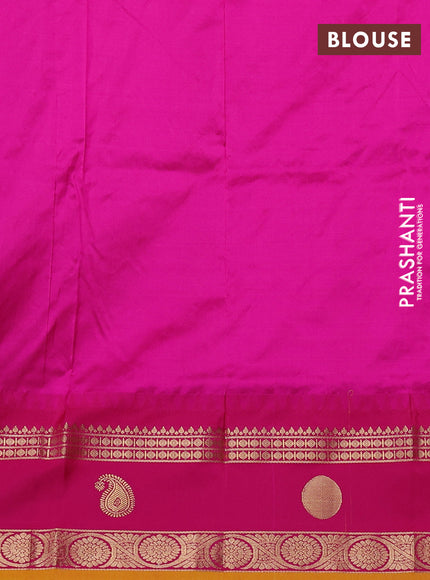 Narayanpet silk saree fluorescent green and pink with allover zari woven buttas and temple design rettapet zari woven butta border