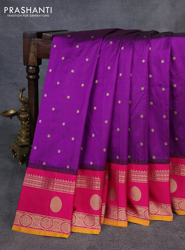 Narayanpet silk saree purple and mustard yellow with allover zari woven buttas and temple design rettapet zari woven butta border