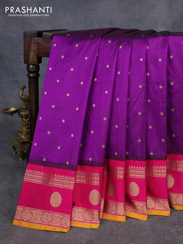 Narayanpet silk saree purple and mustard yellow with allover zari woven buttas and temple design rettapet zari woven butta border