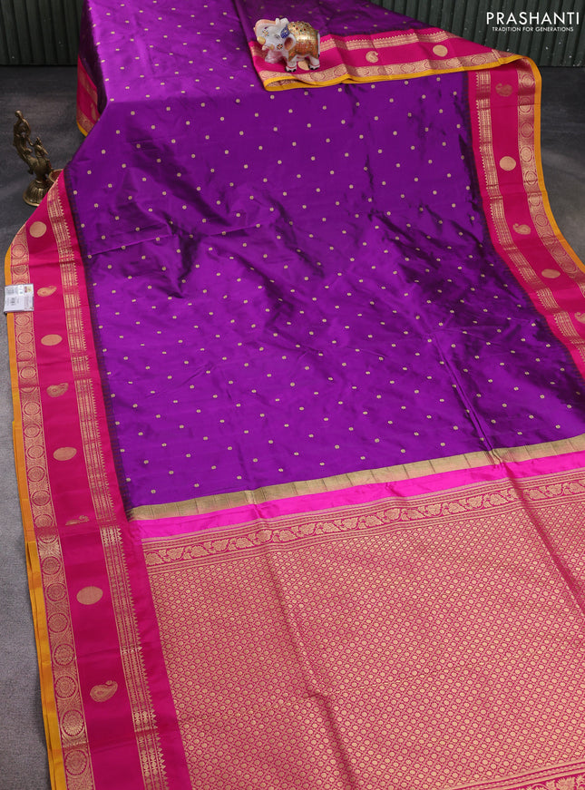 Narayanpet silk saree purple and mustard yellow with allover zari woven buttas and temple design rettapet zari woven butta border