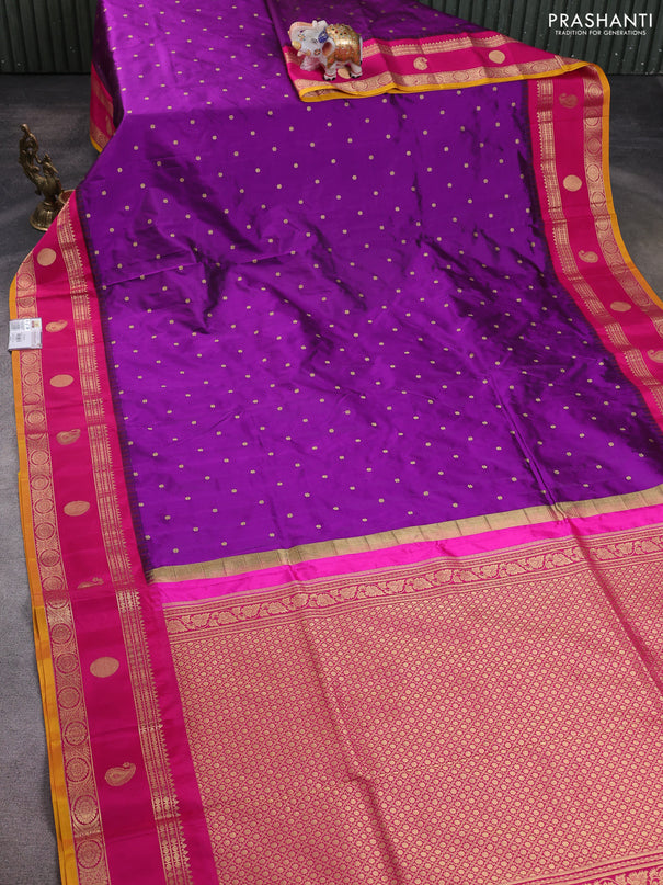 Narayanpet silk saree purple and mustard yellow with allover zari woven buttas and temple design rettapet zari woven butta border