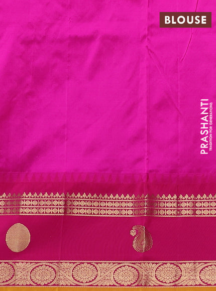 Narayanpet silk saree purple and mustard yellow with allover zari woven buttas and temple design rettapet zari woven butta border