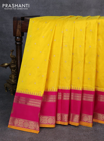 Narayanpet silk saree yellow and pink with allover zari woven buttas and temple design zari woven border