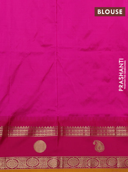Narayanpet silk saree yellow and pink with allover zari woven buttas and temple design zari woven border