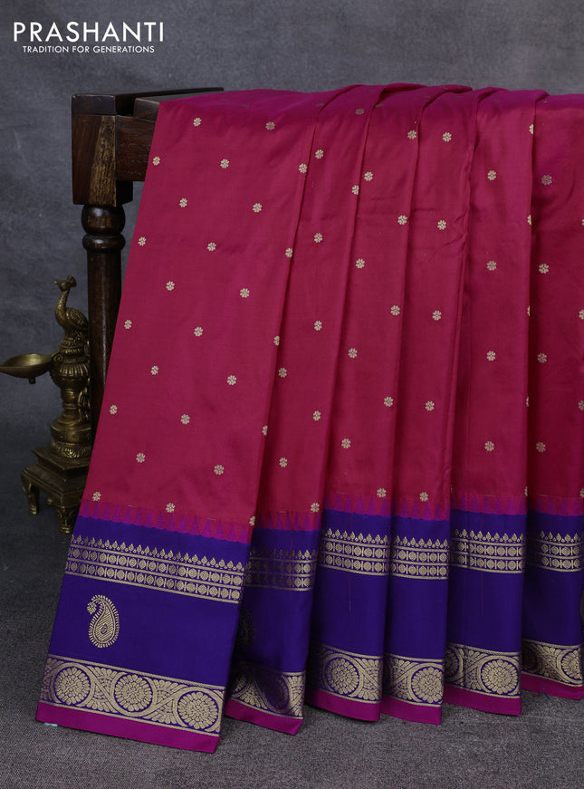 Narayanpet silk saree tomato pink and navy blue with allover zari woven buttas and temple design zari woven border