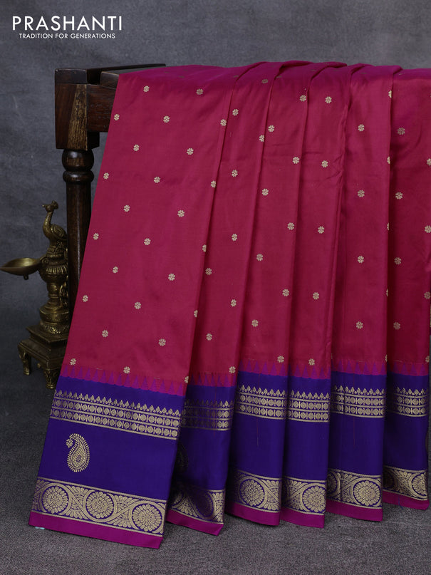 Narayanpet silk saree tomato pink and navy blue with allover zari woven buttas and temple design zari woven border