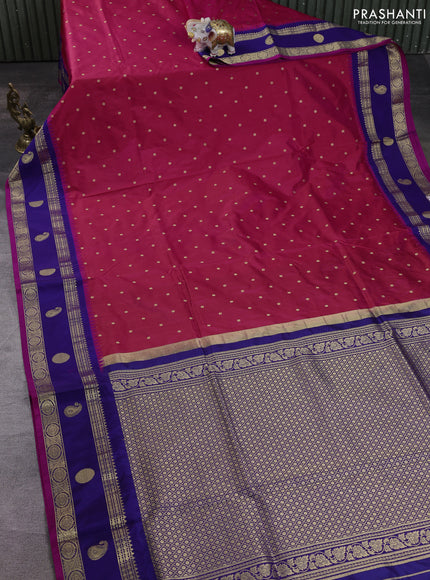 Narayanpet silk saree tomato pink and navy blue with allover zari woven buttas and temple design zari woven border