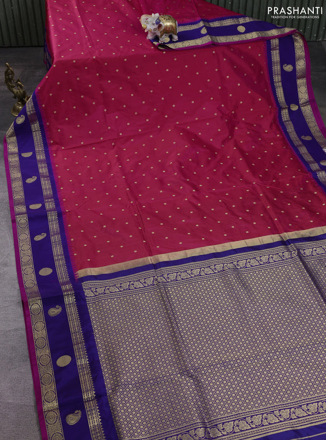 Narayanpet silk saree tomato pink and navy blue with allover zari woven buttas and temple design zari woven border