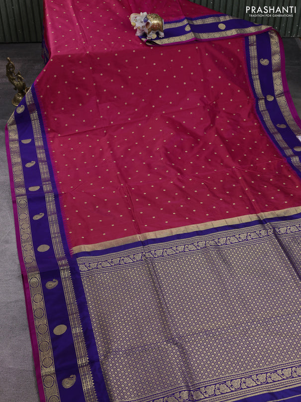 Narayanpet silk saree tomato pink and navy blue with allover zari woven buttas and temple design zari woven border