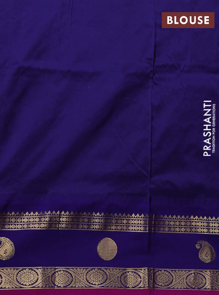 Narayanpet silk saree tomato pink and navy blue with allover zari woven buttas and temple design zari woven border
