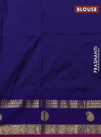 Narayanpet silk saree dual shade of bluish green and navy blue with allover zari woven buttas and temple design zari woven border