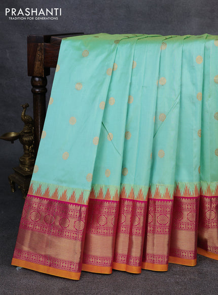 Narayanpet silk saree dual shade of teal green and pink with allover zari woven buttas and temple design zari woven border