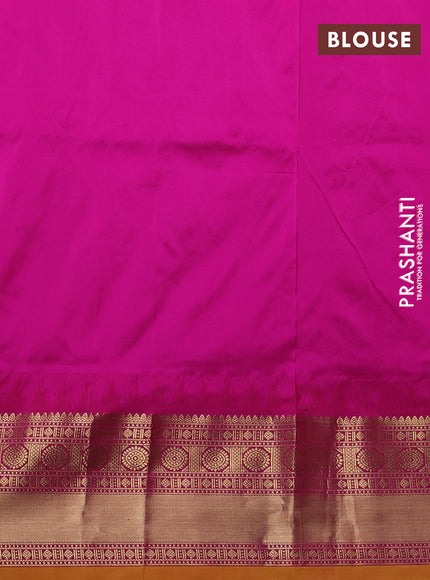 Narayanpet silk saree dual shade of teal green and pink with allover zari woven buttas and temple design zari woven border
