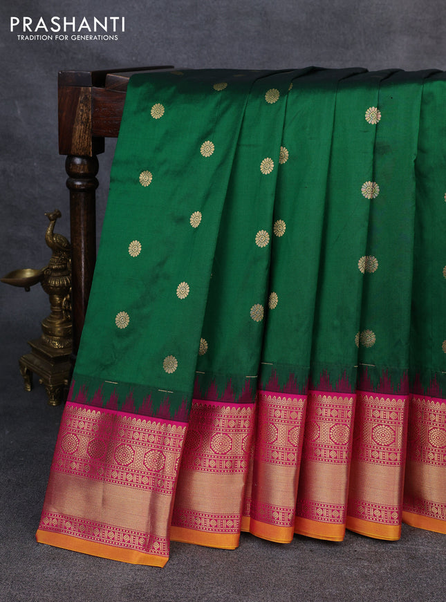 Narayanpet silk saree bottle green and pink with allover zari woven buttas and temple design zari woven border