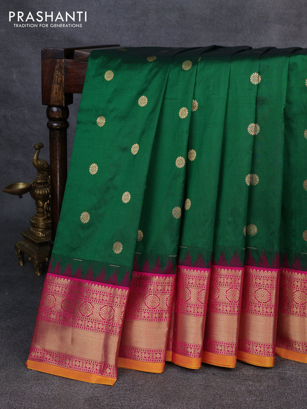 Narayanpet silk saree bottle green and pink with allover zari woven buttas and temple design zari woven border
