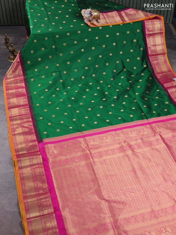 Narayanpet silk saree bottle green and pink with allover zari woven buttas and temple design zari woven border