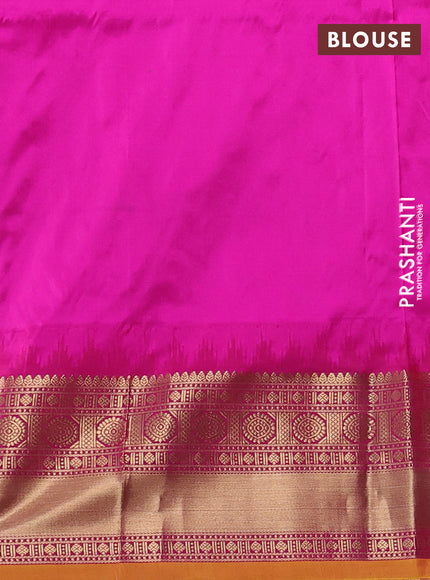 Narayanpet silk saree bottle green and pink with allover zari woven buttas and temple design zari woven border