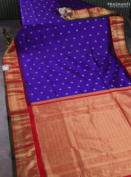 Narayanpet silk saree violet and red with allover zari woven buttas and temple design zari woven border