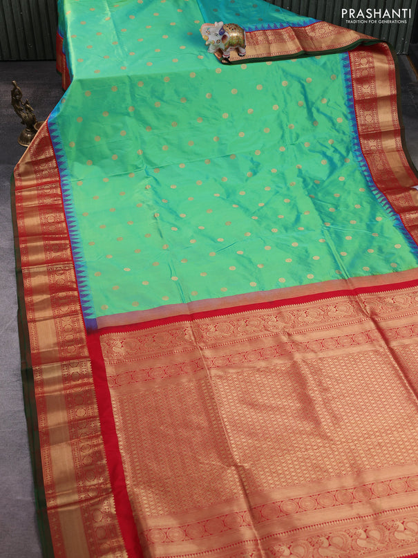 Narayanpet silk saree dual shade of teal green and red with allover zari woven buttas and temple design zari woven border