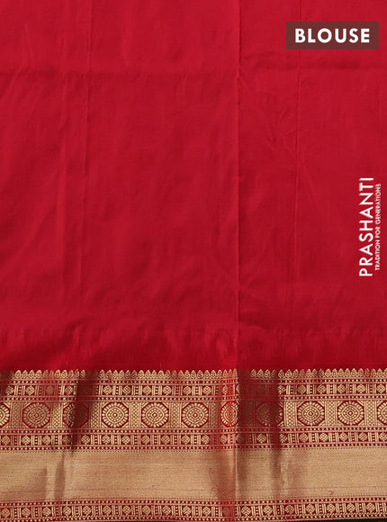 Narayanpet silk saree dual shade of teal green and red with allover zari woven buttas and temple design zari woven border
