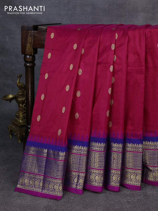 Narayanpet silk saree tomato pink and navy blue with allover zari woven buttas and temple design zari woven border