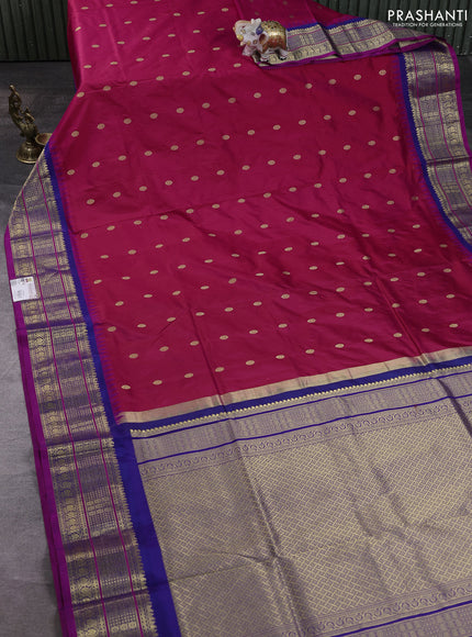Narayanpet silk saree tomato pink and navy blue with allover zari woven buttas and temple design zari woven border