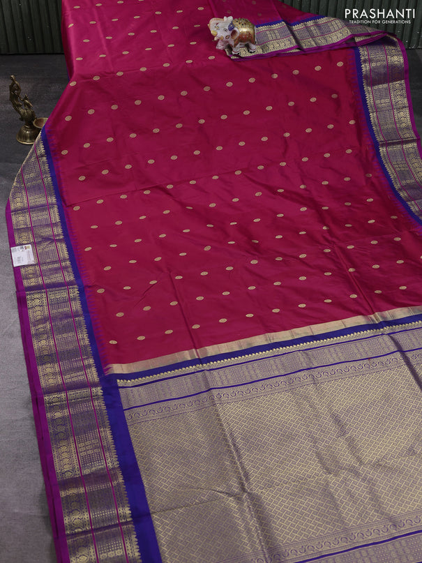 Narayanpet silk saree tomato pink and navy blue with allover zari woven buttas and temple design zari woven border