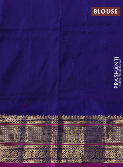 Narayanpet silk saree tomato pink and navy blue with allover zari woven buttas and temple design zari woven border