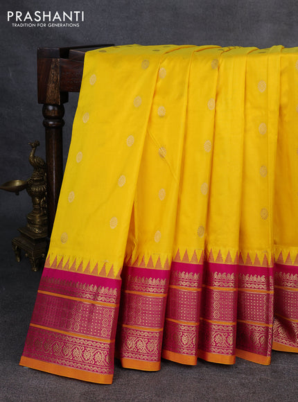 Narayanpet silk saree yellow and pink with allover zari woven buttas and temple design zari woven border