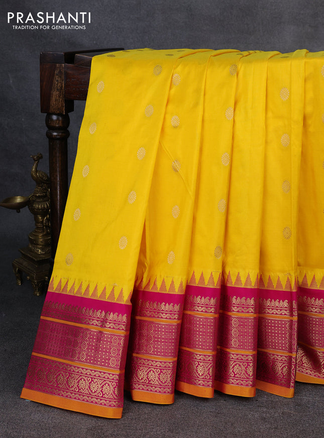 Narayanpet silk saree yellow and pink with allover zari woven buttas and temple design zari woven border