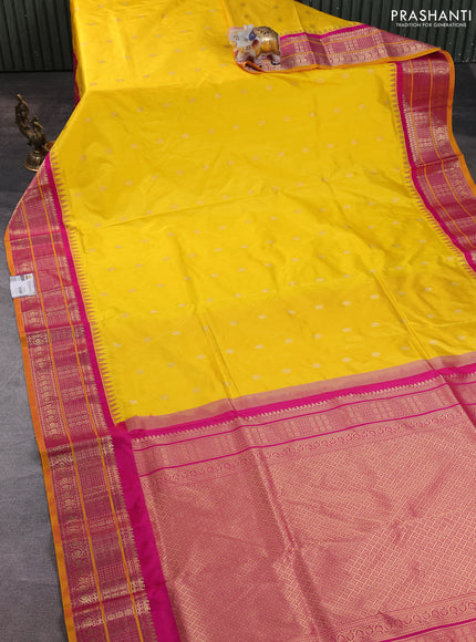 Narayanpet silk saree yellow and pink with allover zari woven buttas and temple design zari woven border