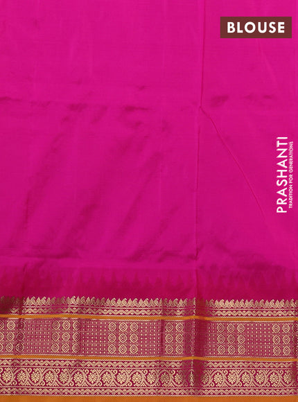 Narayanpet silk saree yellow and pink with allover zari woven buttas and temple design zari woven border